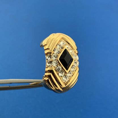 Mid Century Vendome Gold Tone Black Jet White Crystal Half Hoop Clip On Earrings