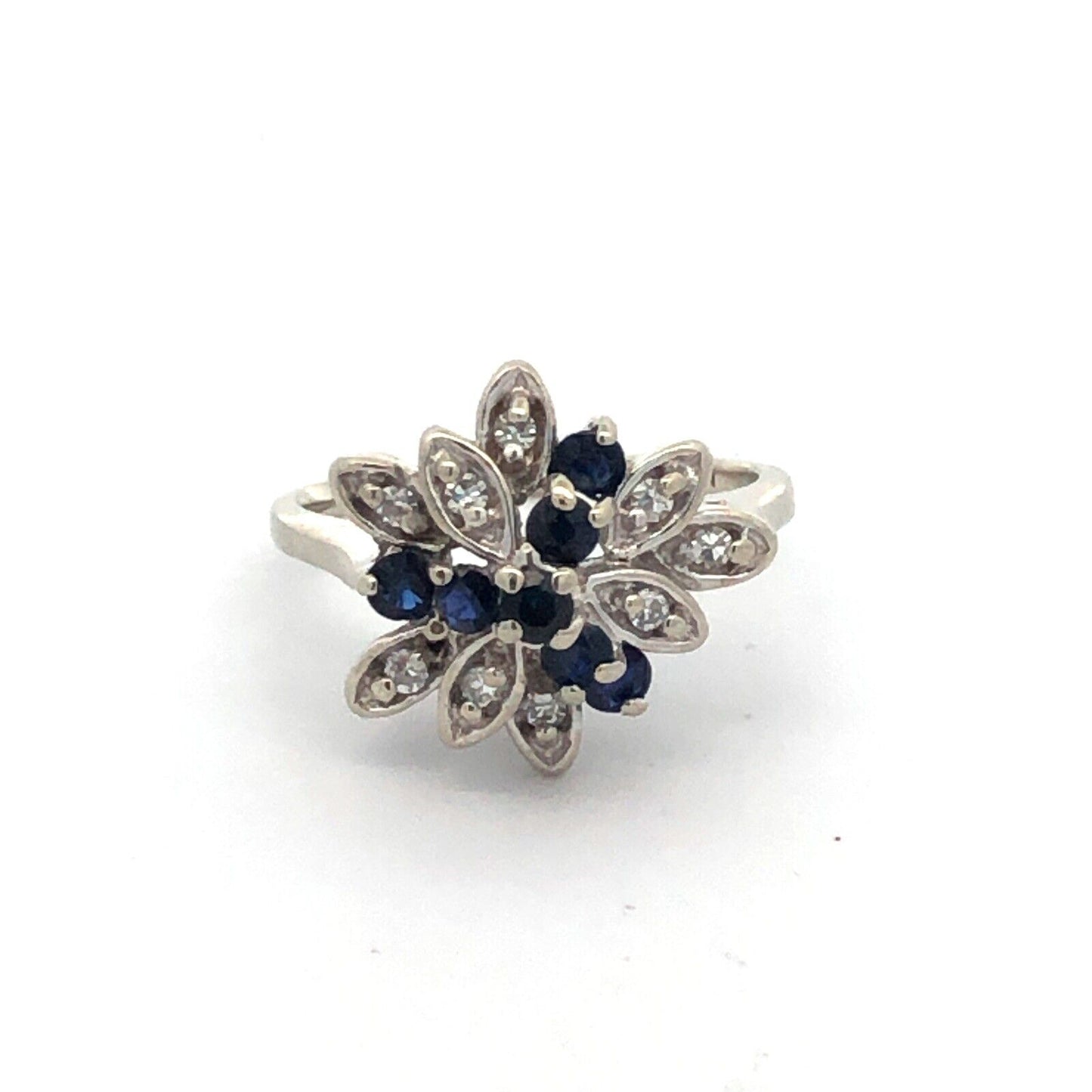 Designer 14K White Gold Sapphire Diamond Leaf Cluster Cocktail Ring