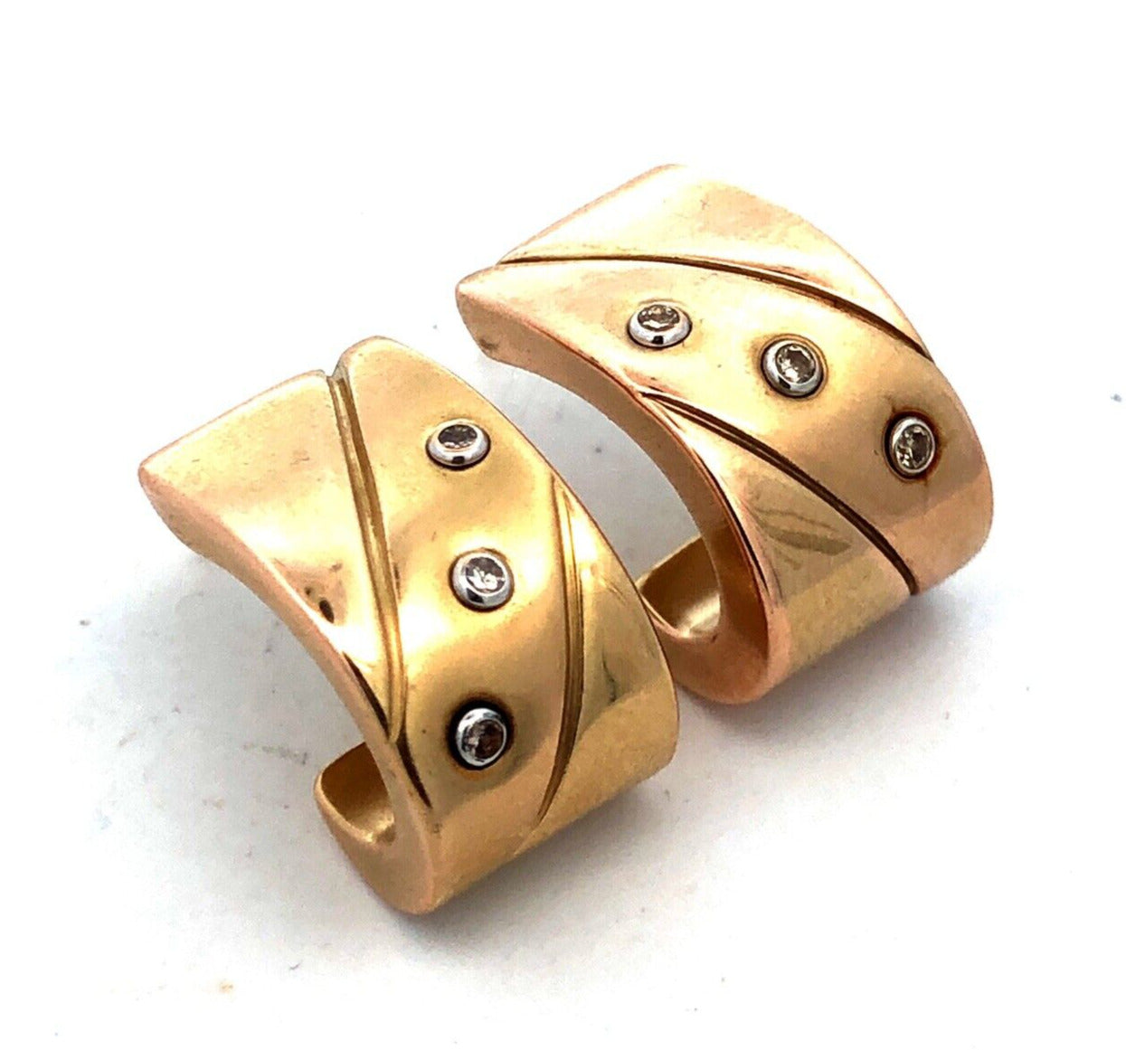 Designer 14K Yellow Gold Round Diamond Modernist Drop Half Hoop Stud Earrings