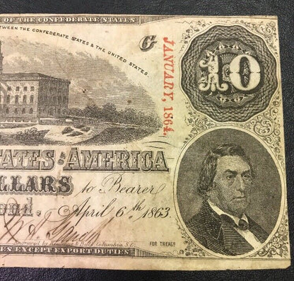 1863 $10 Ten Confederate States of America April 6 Richmond Civil War Era Note