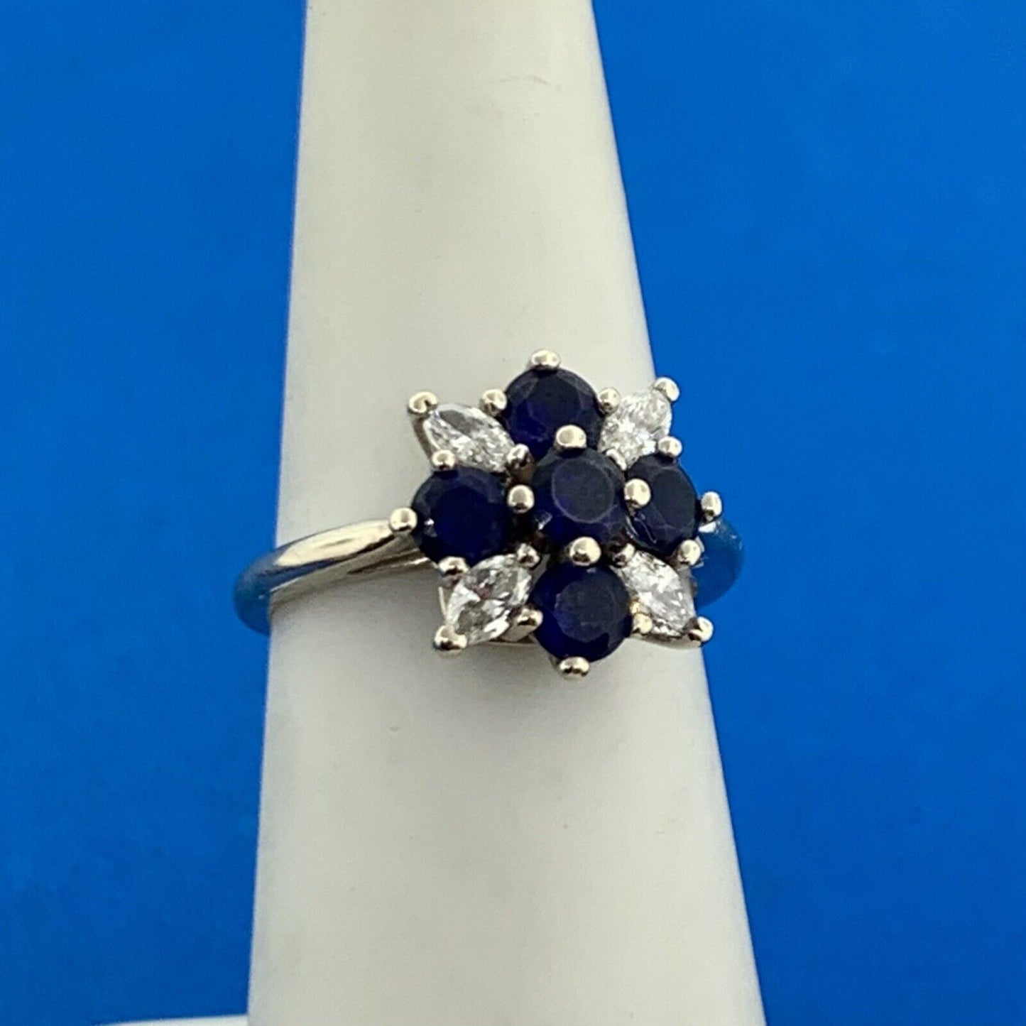 Designer 14K White Gold Sapphire Diamond Floral Cluster Cocktail Ring