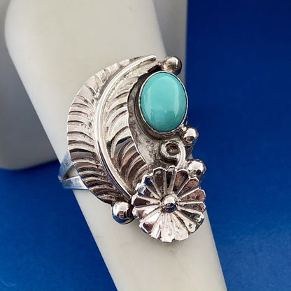 Native American Artisan Signed DG 925 Sterling Silver Turquoise Feather Ring