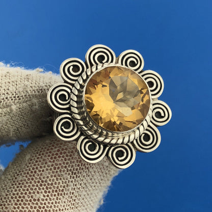 Designer NV India Sterling Silver 925 Round Citrine Flower Scroll Cocktail Ring