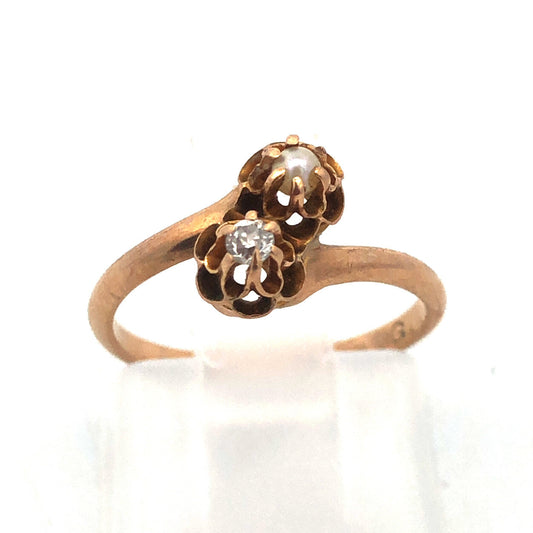 Vintage 10K Yellow Gold Diamond Pearl Bypass Sweetheart Promise Ring Size 3.4
