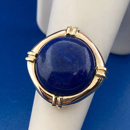 Vintage 14K Yellow Gold Lapis-Lazuli Cabochon Modernist Abstract Cocktail Ring