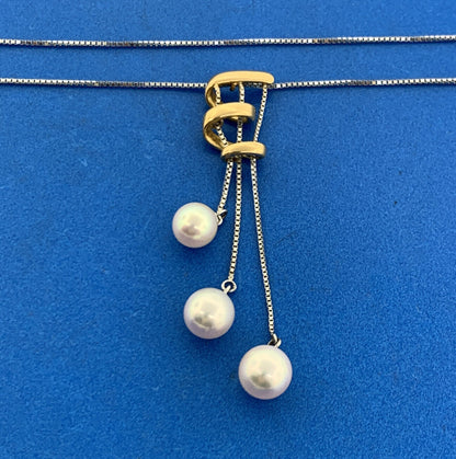 Designer 18K White Yellow Gold Pearl Trio Modernist Abstract Two Toned Necklace