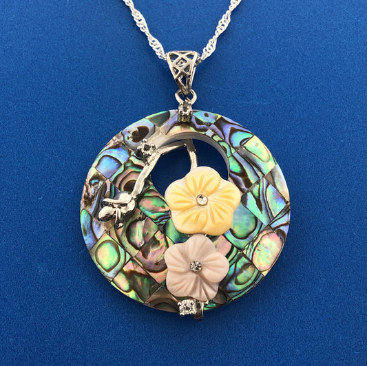 Lee Sands 925 Sterling Silver CZ Abalone Inlaid MOP Flower Pendant Necklace