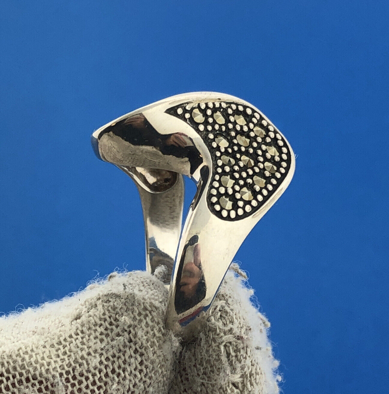 Designer Sterling Silver 925 CZ Marcasite Modernist Statement Cocktail Ring