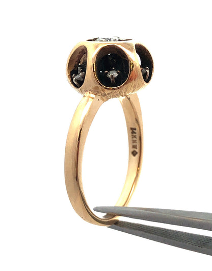 14K Yellow Gold Designer NW  Round Diamond Black Enamel Modernist Round Ring
