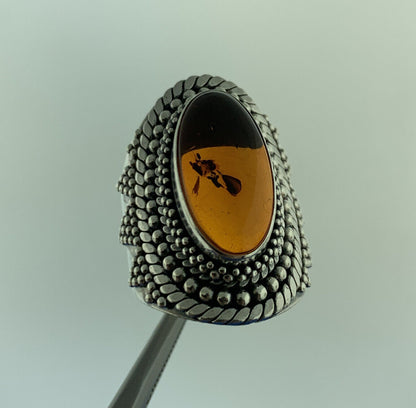 Stunning Sterling Silver 925 Cabochon Amber Statement Finger Ring Size 6