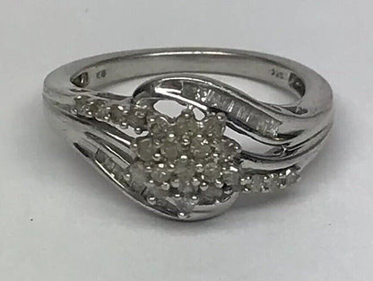 Sterling Silver 925 Diamond Waterfall Cluster Engagement Bridal Ring