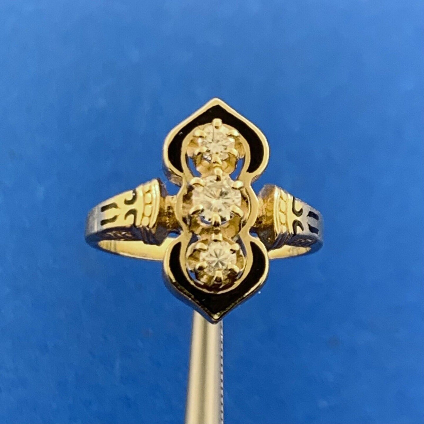 Designer Vintage Art Deco 14K Yellow Gold Diamond Black Enamel Cocktail Ring