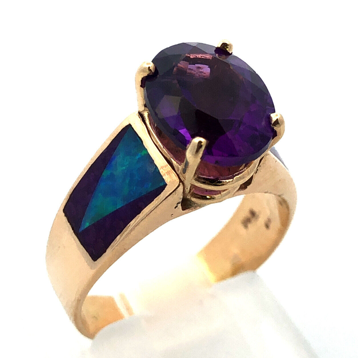 Vintage 14K Yellow Gold Oval Amethyst Opal Inlay Purple Enamel Cocktail Ring