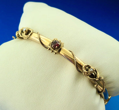 Art Nouveau Art Deco 14K Yellow Gold Garnet Seed Pearl Etruscan Bangle Bracelet