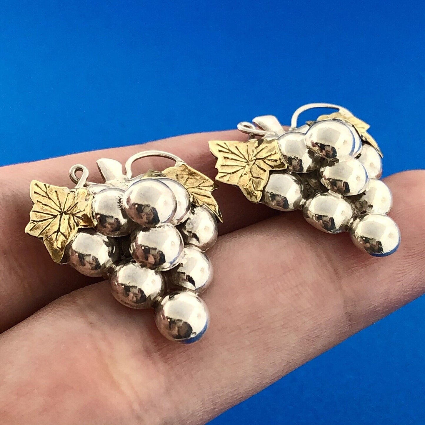 Vintage Brass Sterling Silver Grape Cluster Leaf Vine Statement Stud Earrings