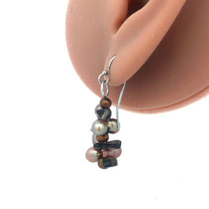 Designer 925 Sterling Silver Pearl Smoky Topaz Cluster Dangle Drop Hook Earrings