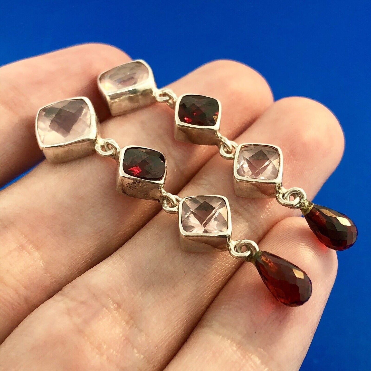 Sterling Silver 925 Garnet Rose Quartz January Drop Dangle Statement Earrings