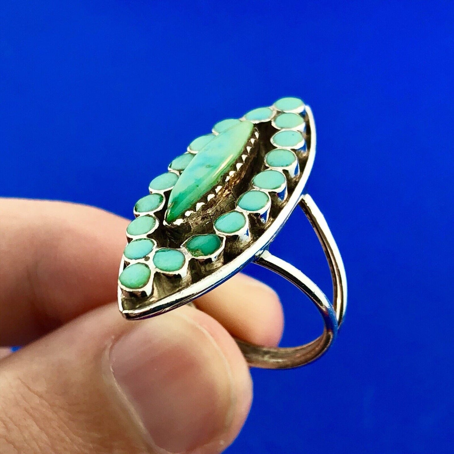 Vintage Native American 925 Sterling Silver Turquoise Statement Finger Ring