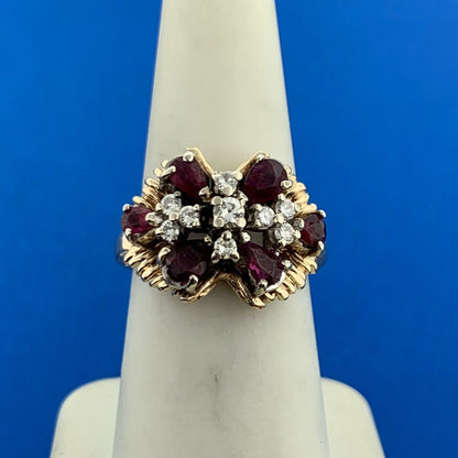 14K Yellow Gold Ruby Diamond Butterfly Cluster Statement Cocktail Ring