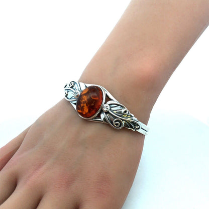 Vintage 925 Sterling Silver Oval Amber Leaves Nature Cuff Bracelet