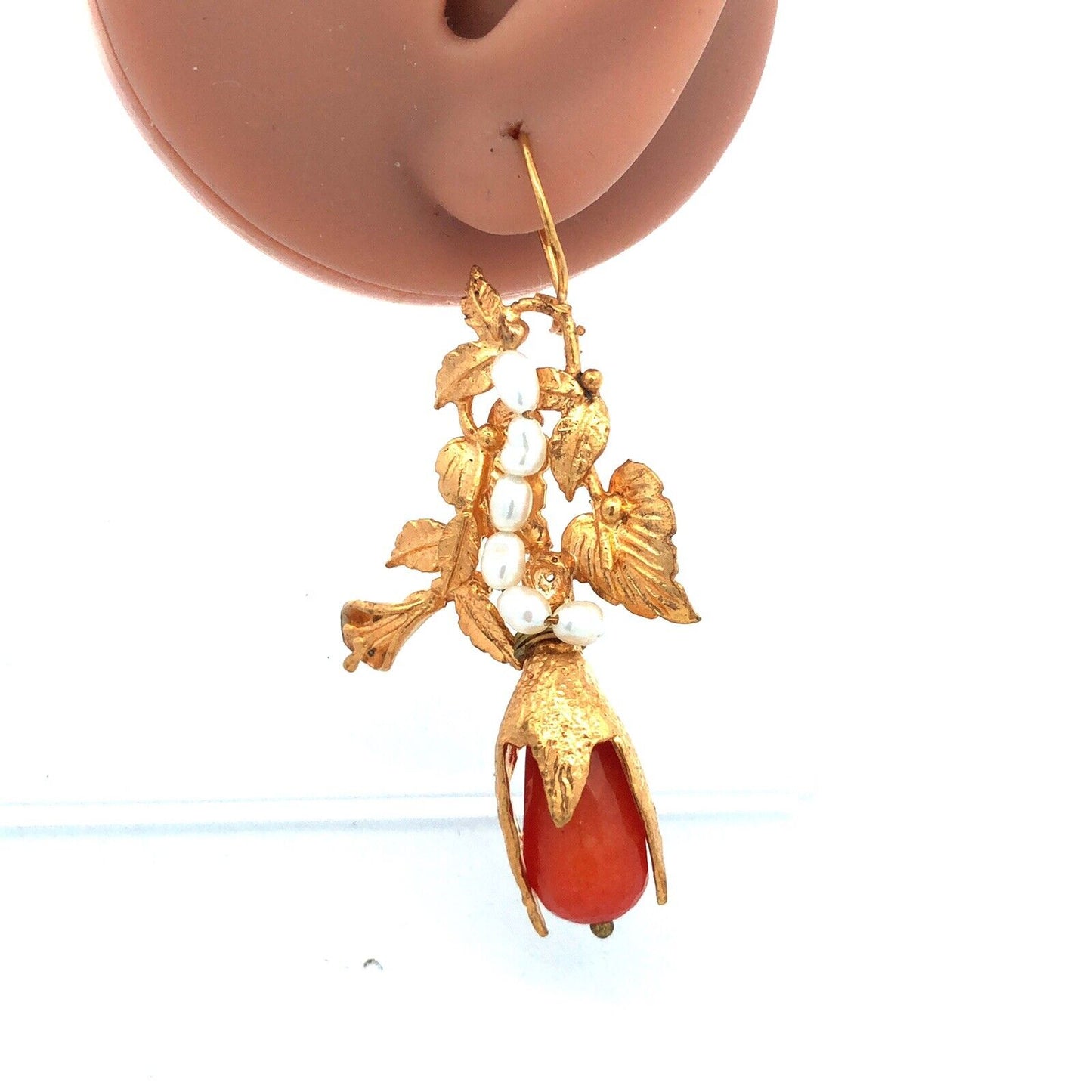 Estate Gold Tone Peach Quartz Rice Pearl Leaf & Vine Statement Drop Earrings