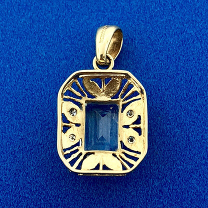 Stunning 10K Yellow White Gold Blue Topaz Diamond Filigree Charm Pendant