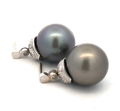 Gorgeous 14k White Gold Gray Pearl Round Cut Diamond Dangle Earrings 13.5mm