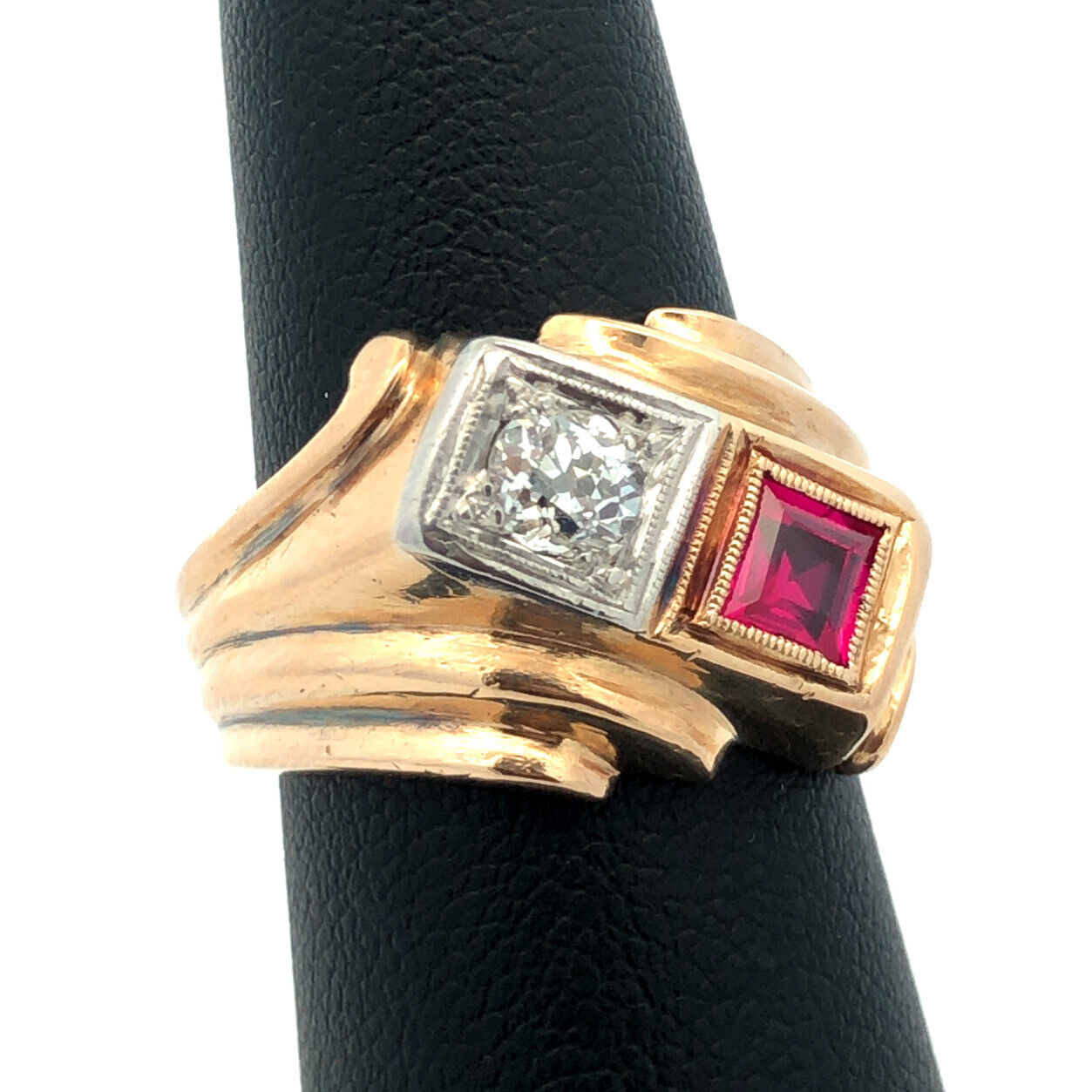 Art Deco 14K Yellow Gold Princess Ruby Round Diamond Statement Cocktail Ring