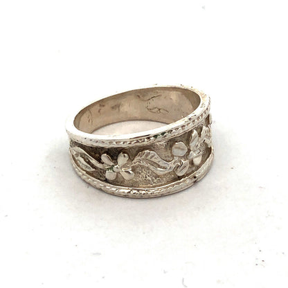Designer 925 Sterling Silver Floral Detailed Stackable Tapered Wide Band Ring
