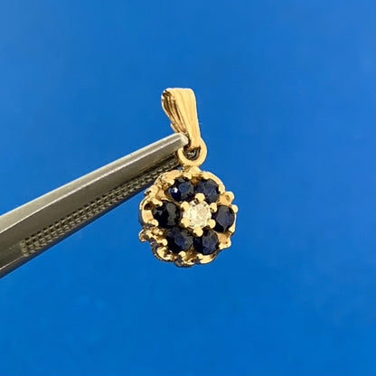 14K Yellow Gold Blue Sapphire Diamond Accented Floral Petite Charm Pendant