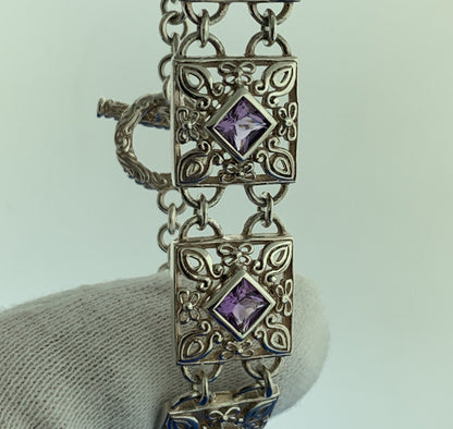 Designer Sterling Silver Square Amethyst Open Scroll Statement Tennis Bracelet
