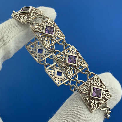 Designer Sterling Silver Square Amethyst Open Scroll Statement Tennis Bracelet