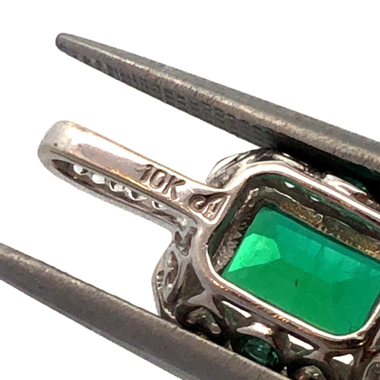 Designer A 10K White Gold Green Emerald Cut Emerald White Sapphire Halo Pendant