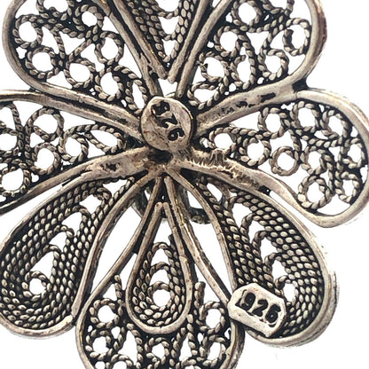 Vintage 925 Sterling Silver Filigree Detail Flower Statement Pendant