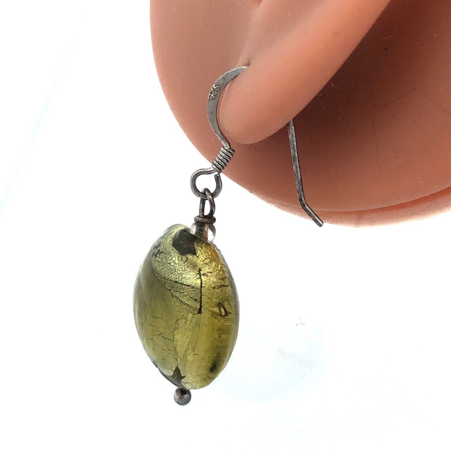 Estate 925 Sterling Silver Round Lime Green Dichroic Glass Hook Dangle Earrings