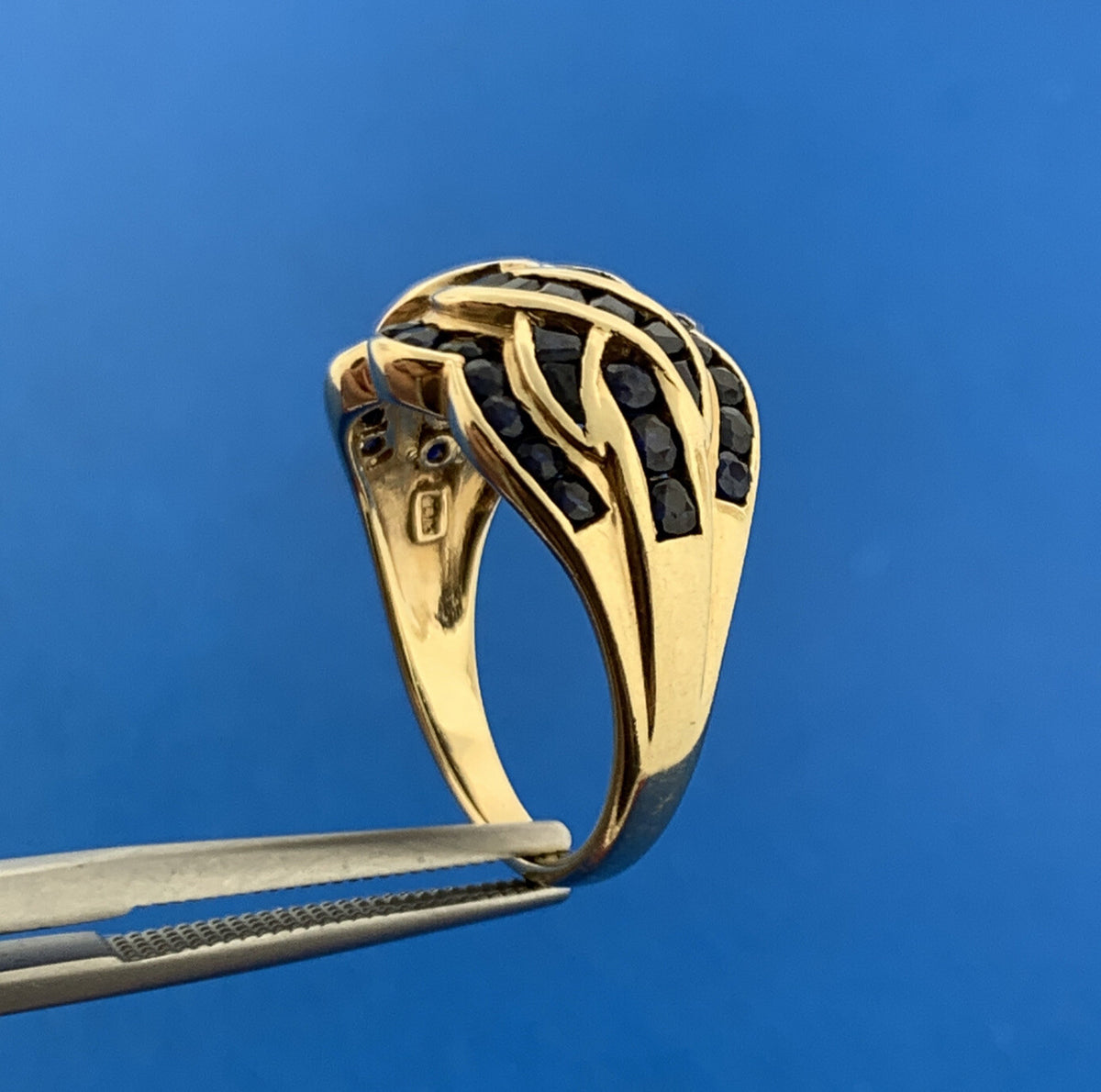 Retro Designer 10K Yellow Gold Sapphire Wave Channel Tapered Dome Cocktail Ring