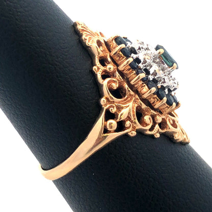 Designer 10K Yellow Gold Blue Sapphire Diamond Sapphire Accent Cocktail Ring