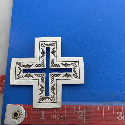 Native American Unsigned Sterling Silver Concho Cutout Statement Cross Pendant
