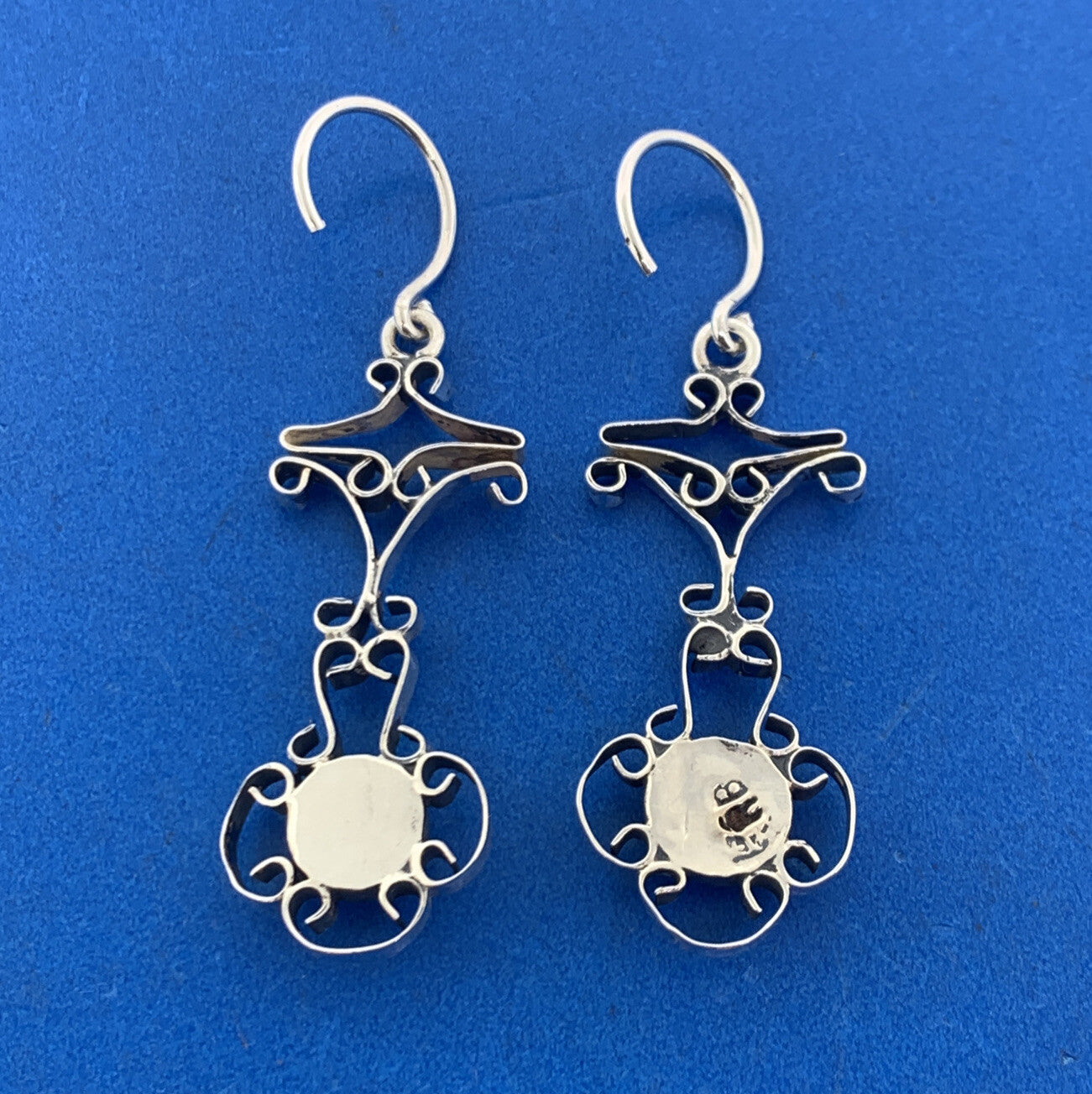 Vintage Navajo Running Bear Lapis Lazuli Hand Wrought Open Scroll Earrings