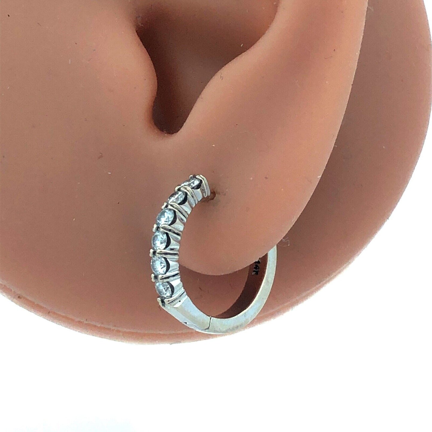 14K White Gold Round Diamond Hinged Huggie Hoop Earrings