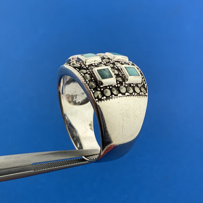 Designer 925 Sterling Silver Turquoise Marcasite Inlay Statement Dome Ring