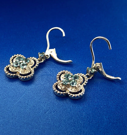 Designer Sterling Silver 925 Blue Topaz Diamond Flower Drop Dangle Earrings