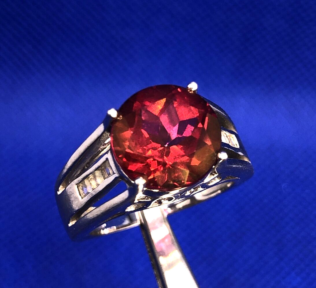 Designer BBJ 925 Sterling Silver Ruby Solitaire White Topaz Accent Cocktail Ring