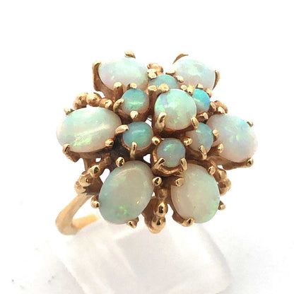 Stunning Vintage 14K Yellow Gold Opal Flower Cluster October Cocktail Ring