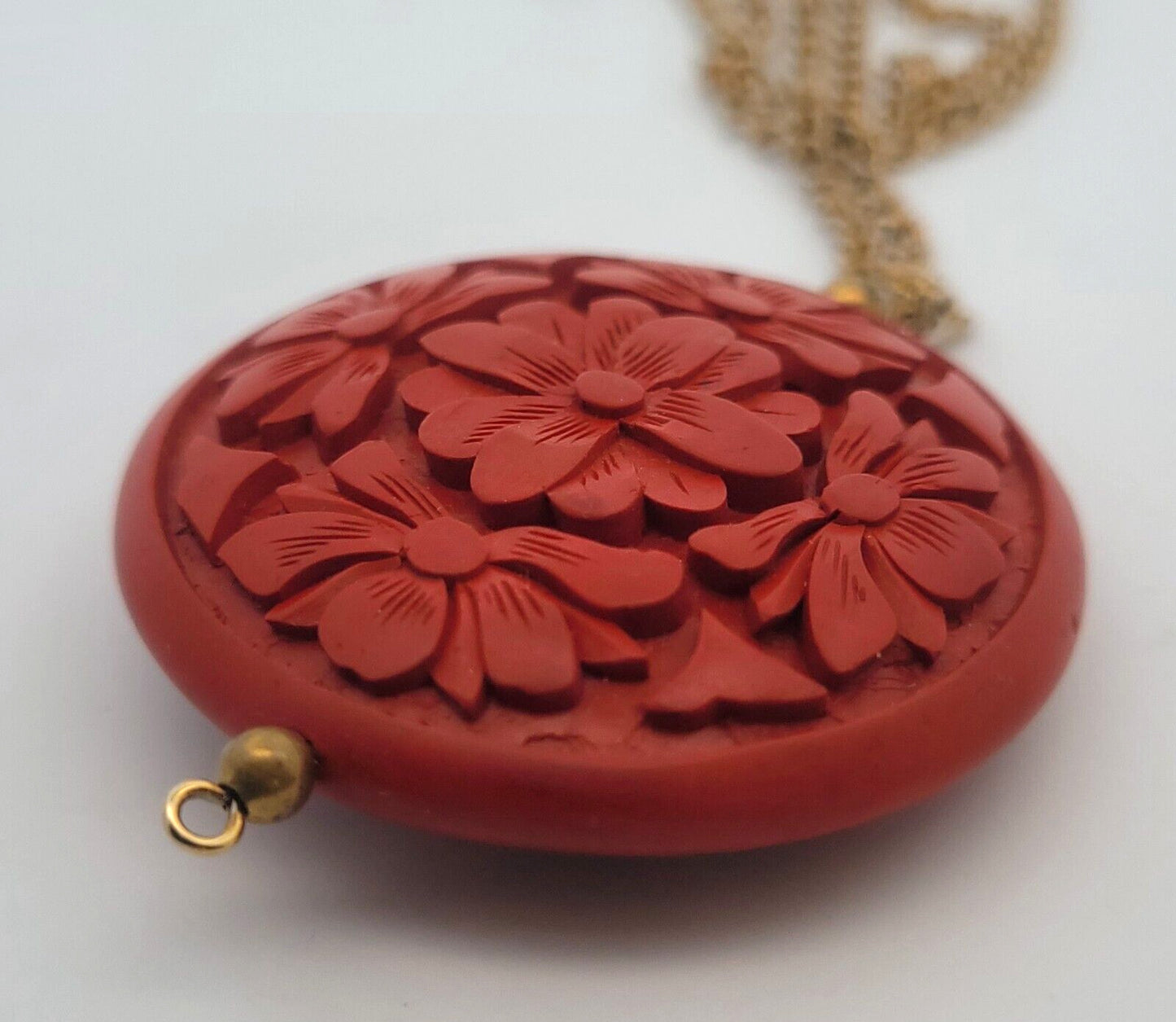 Vintage Gold Tone Carved Red Resin Faux Cinnabar Necklace Earrings 3 Piece Set