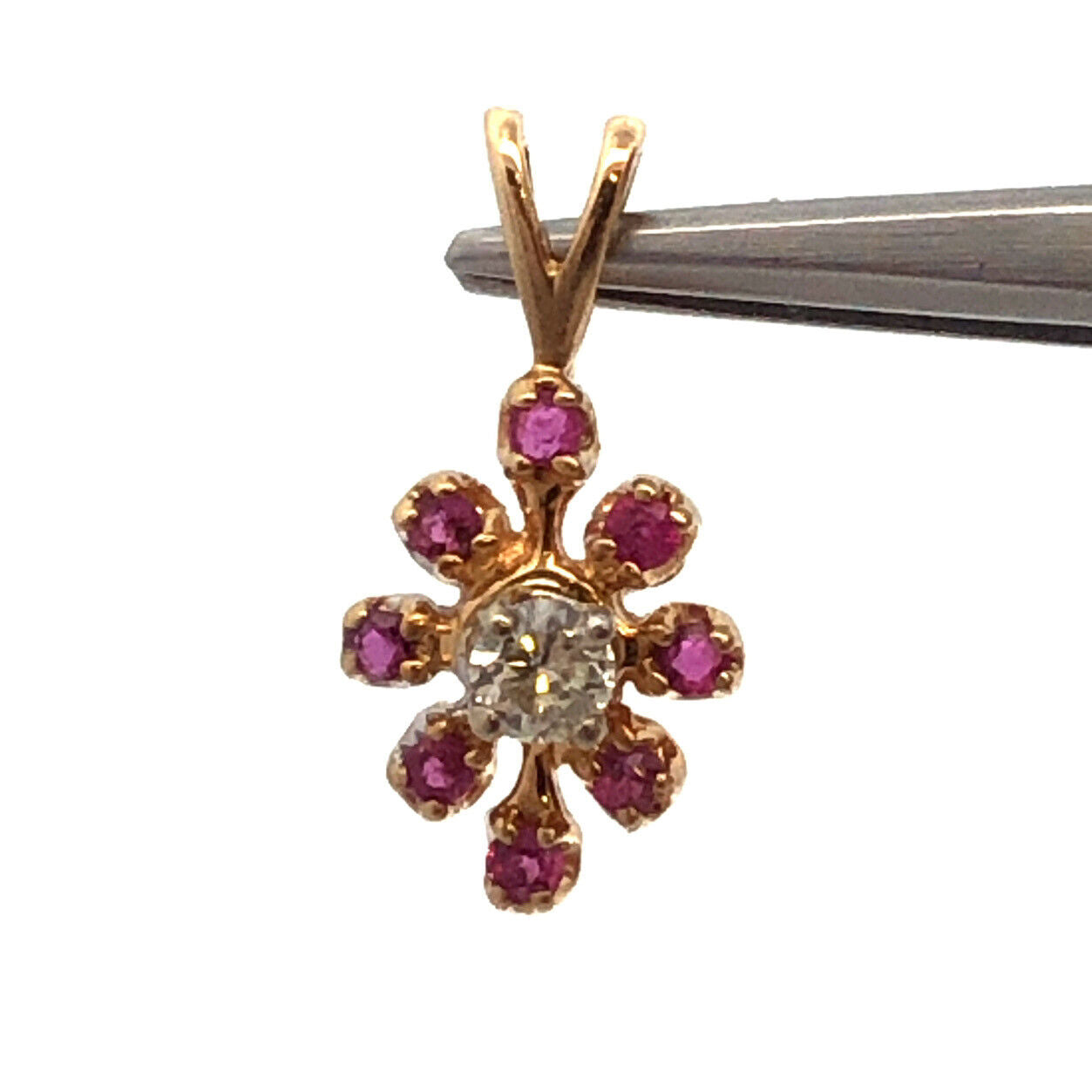 14K Yellow Gold Ruby Diamond Flower Floral Drop Charm Pendant