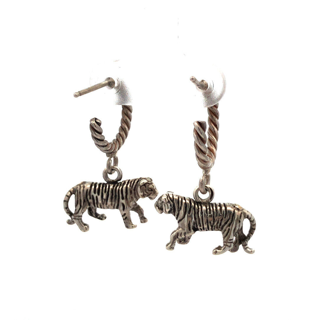 925 Sterling Silver 3D Tiger Dangle Stud Round Hoop Earrings