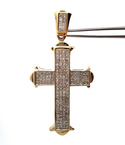 Custom 14K Yellow Gold Princess Diamond Statement Religious Cross Pendant