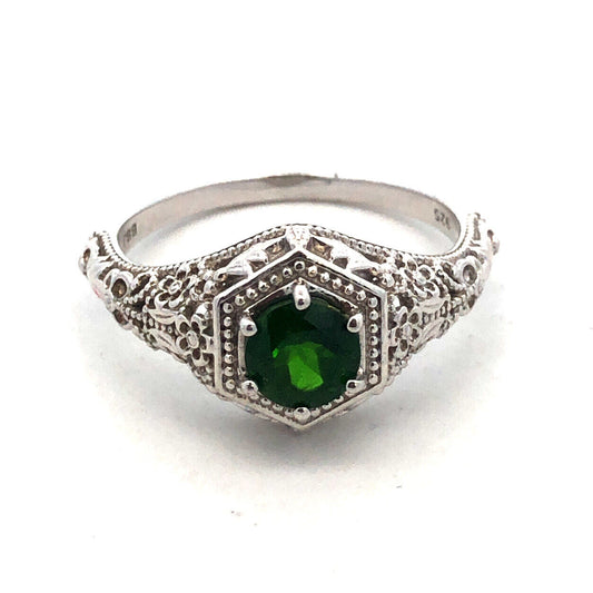 Designer BBJ 925 Sterling Silver Round Green Tourmaline Filigree Solitaire Ring