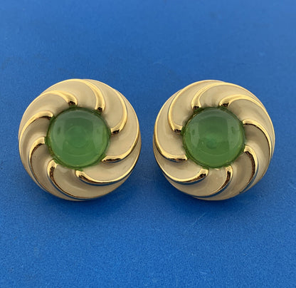 Vintage Vogue Bijoux Italy Gold Tone Art Glass Enamel Statement Clip On Earrings